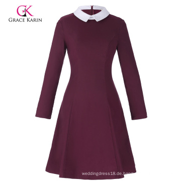 Grace Karin Frauen Stylish &amp; Slim Fit Langarm Kontrast Farbe Puppe Kragen Wein Rot A-Line Kleid CL010470-2